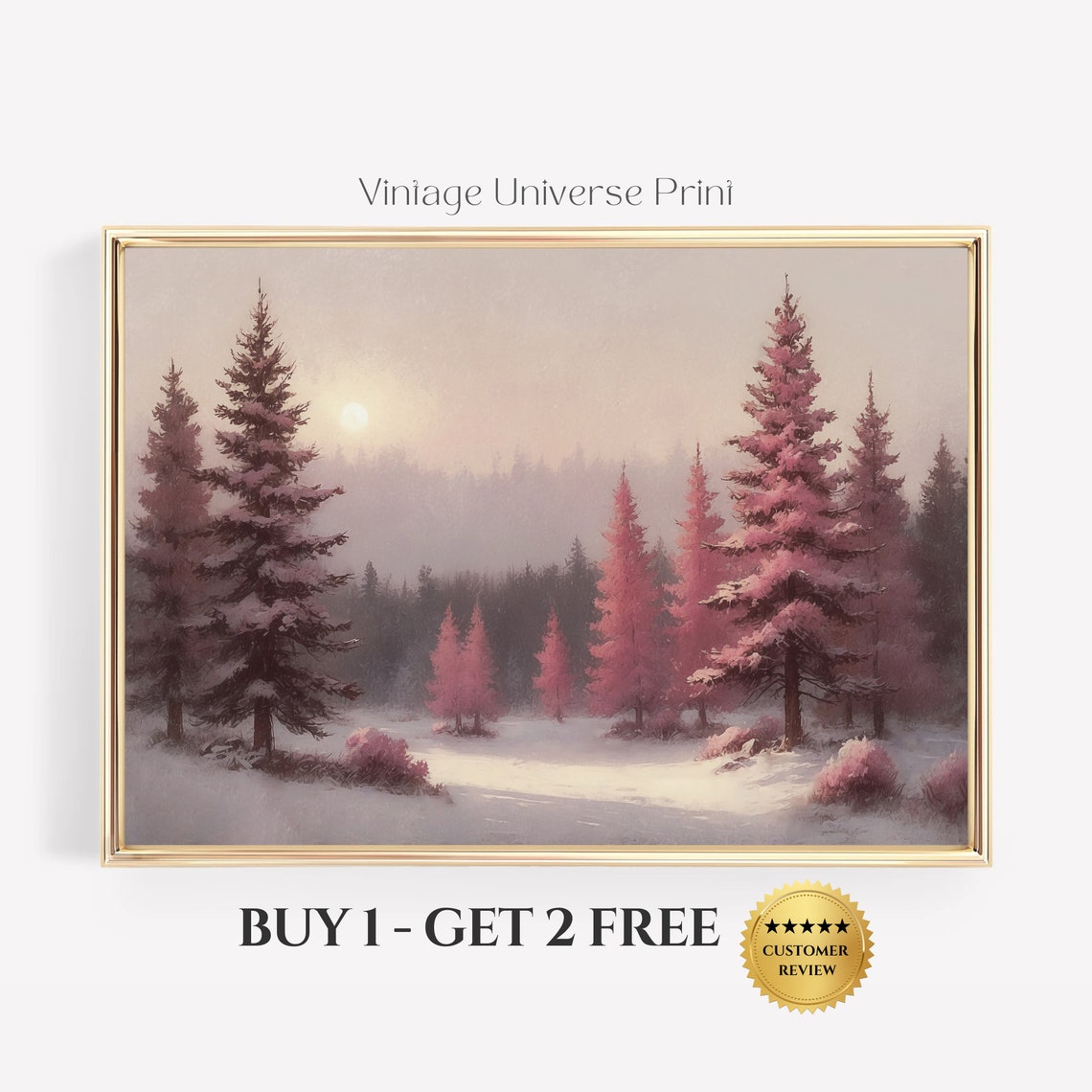 Snowy Pine Forest Winter Landscape Pink Sunset Evening Wall Art