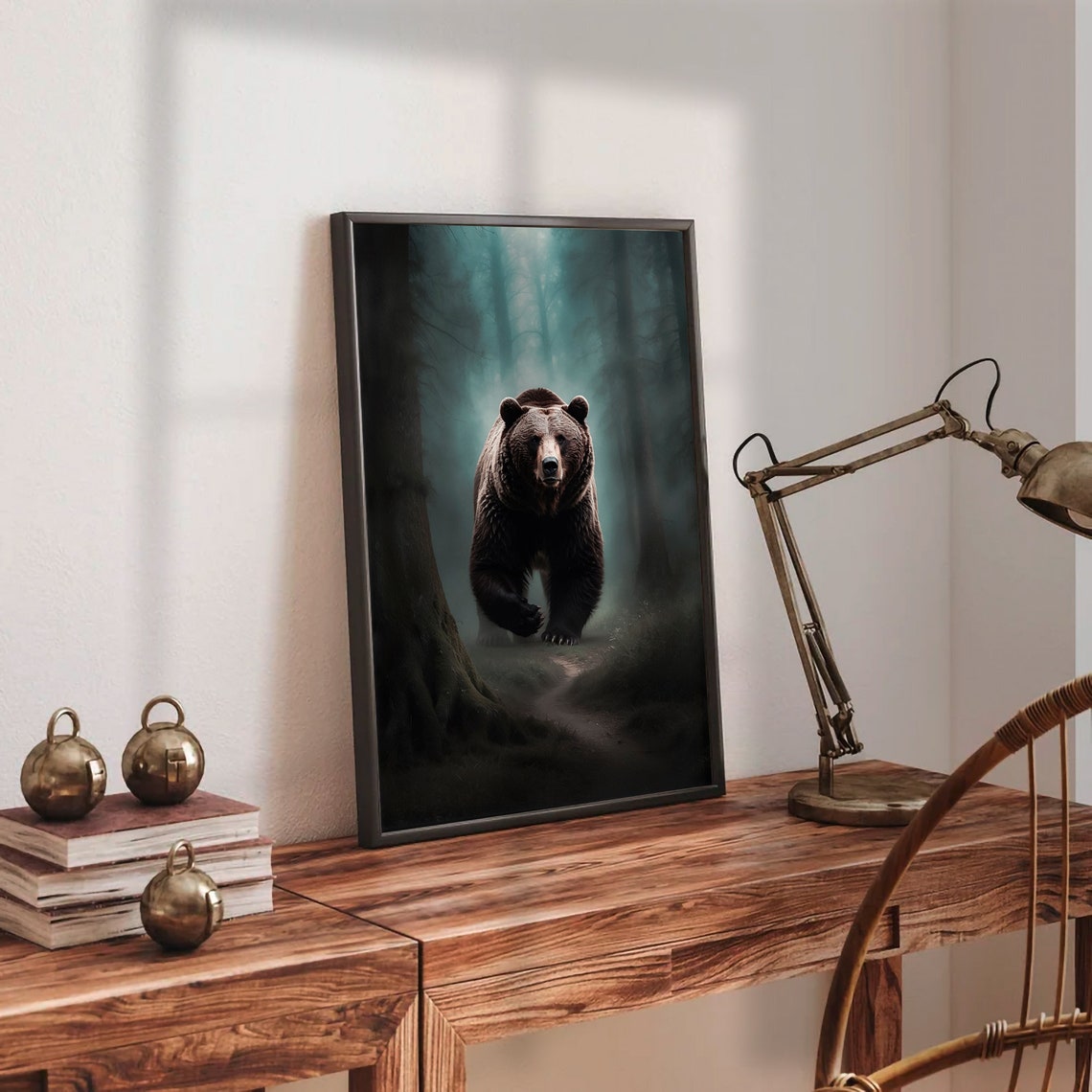 Brown Bear Charging Through a Misty Dark Forest Wildlife Wall Art - Image 3