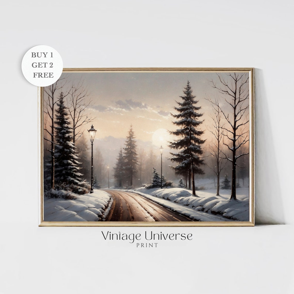 Snowy Forest Road with Pine Trees and Lamplights at Dusk Winter Poster
