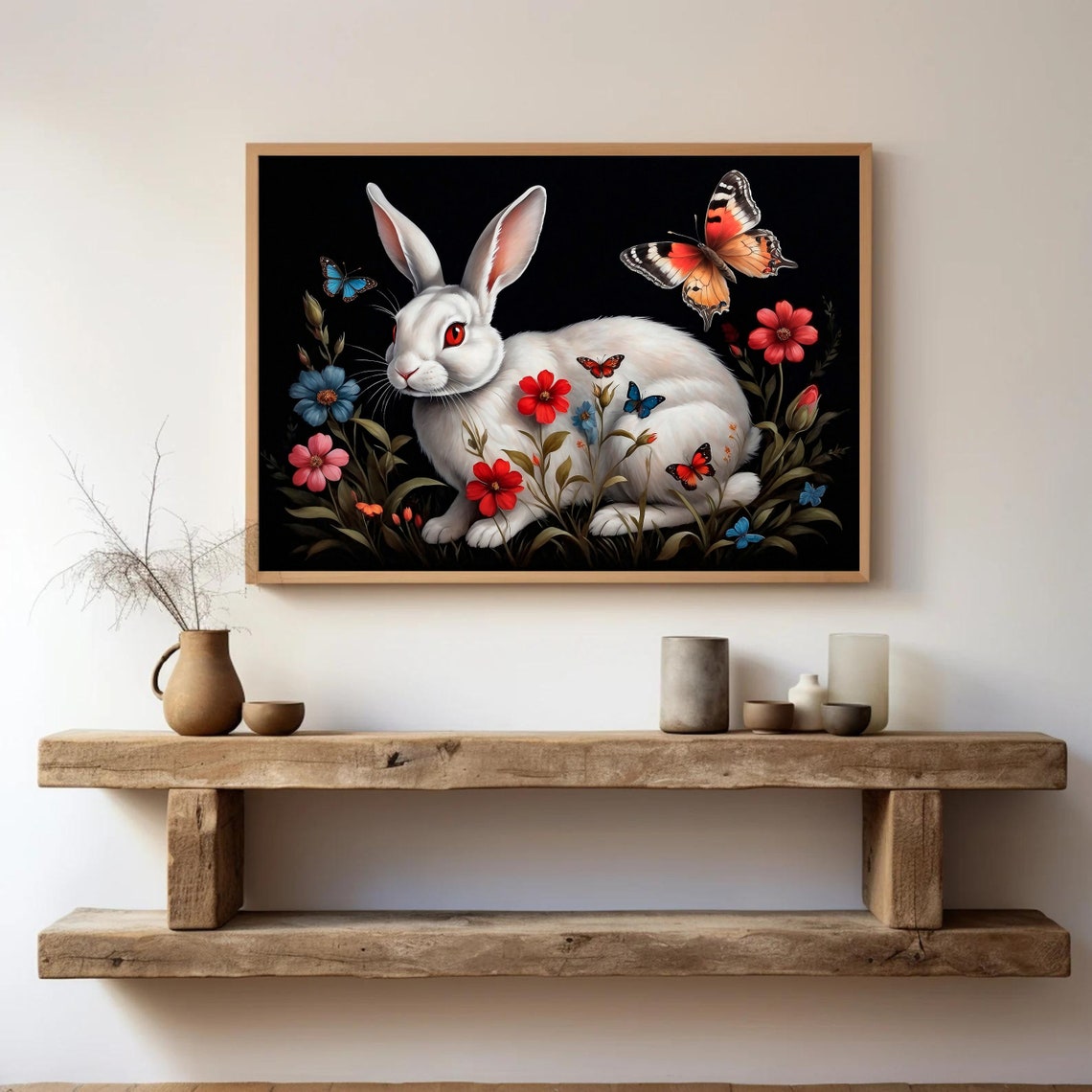 White Rabbit with Colorful Butterflies Dark Floral Art Poster - Image 4