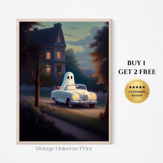 Ghost Driving A Vintage Convertible Past A Haunted House At Dusk Poster