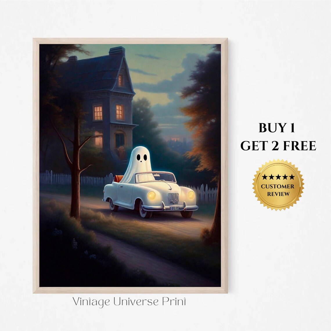 Ghost Driving A Vintage Convertible Past A Haunted House At Dusk Poster