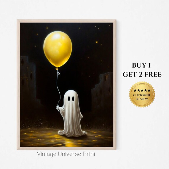 Cute Ghost With Birthday Balloon Vintage Print Ghost Art Print Moody Halloween Gift Vintage Oil Poster Cottagecore Art