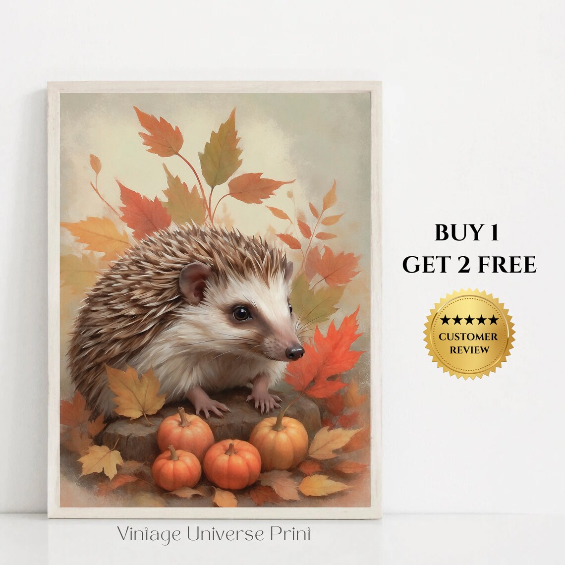 Cute Hedgehog With Pumpkins Autumn Fall Vintage Painting Style Poster