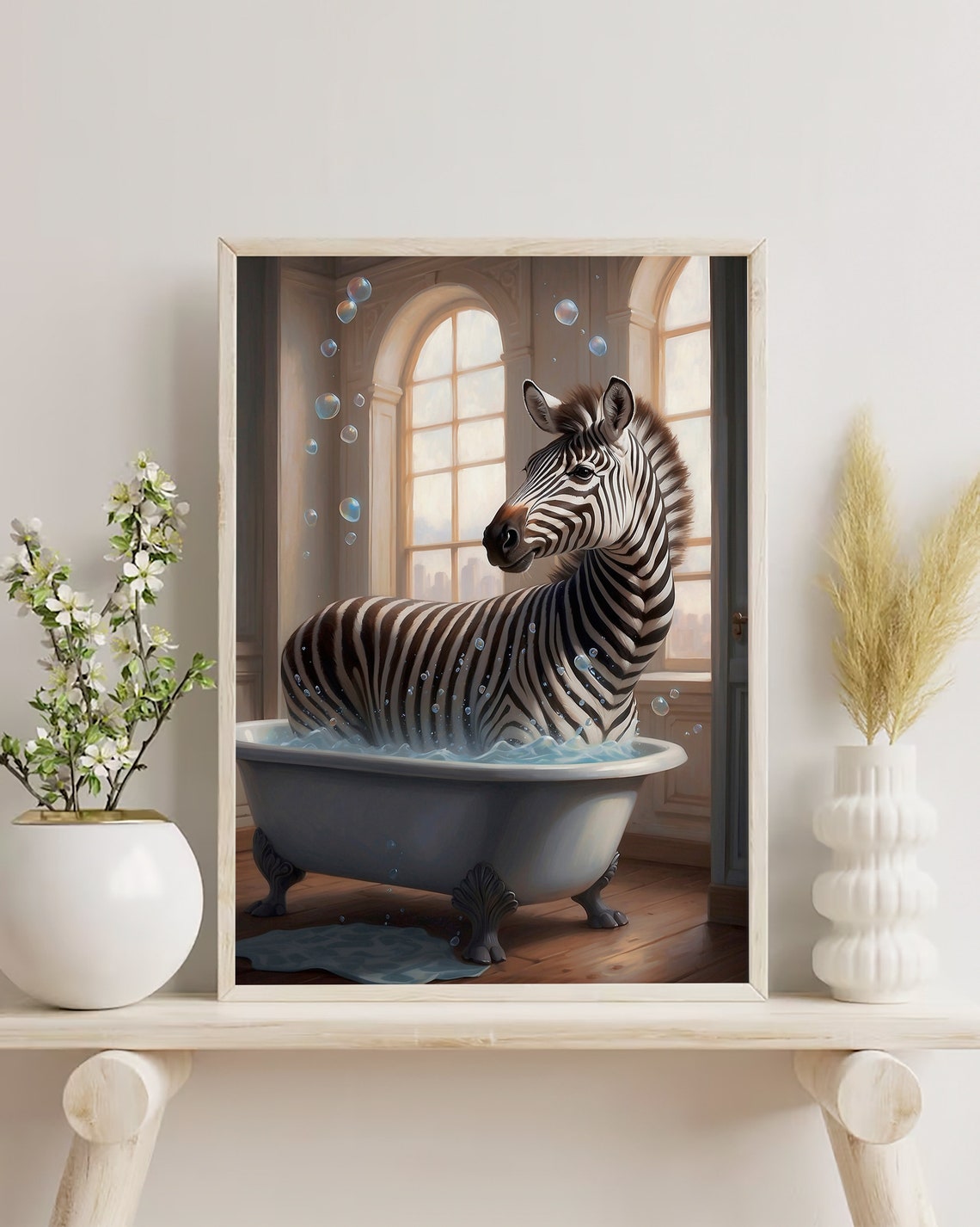 Zebra Soaking In A Bubble Bath Beneath Arched Windows Poster - Image 2