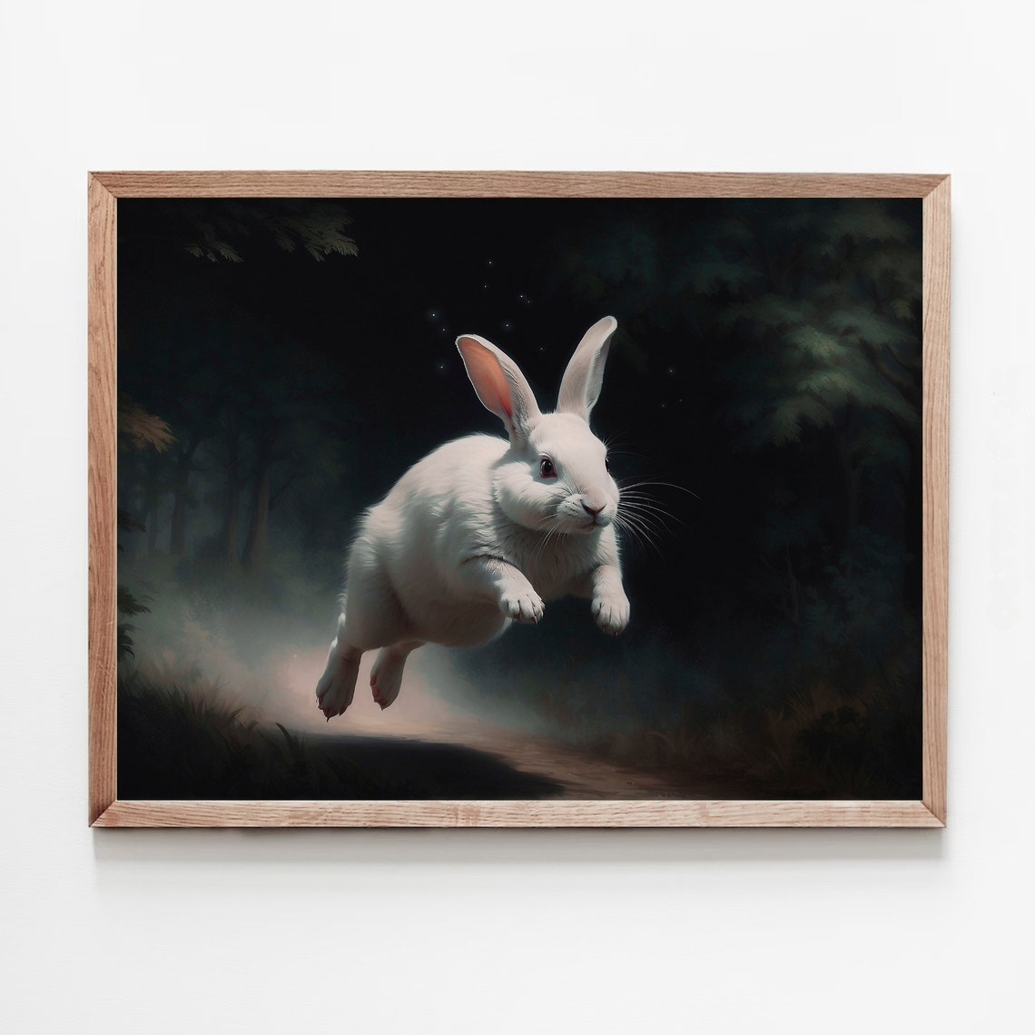White Rabbit Leaping Through a Dark Misty Forest Night Art Print - Image 5