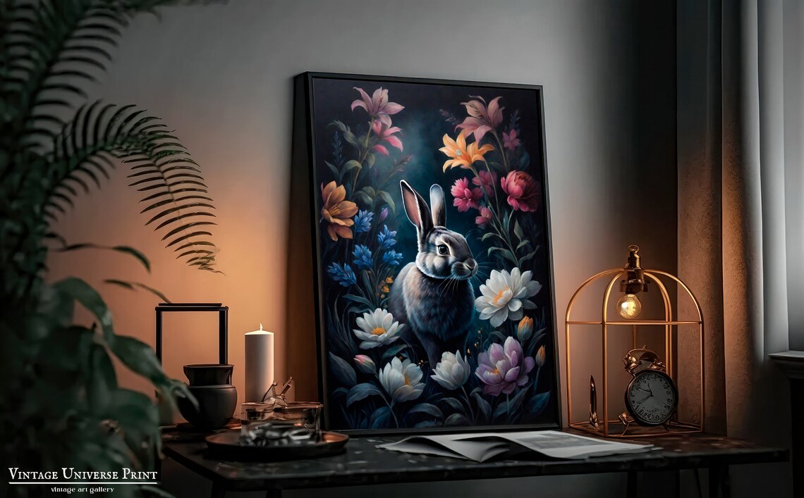 Grey Rabbit Colorful Blooms Moody Floral Night Garden Poster - Image 4