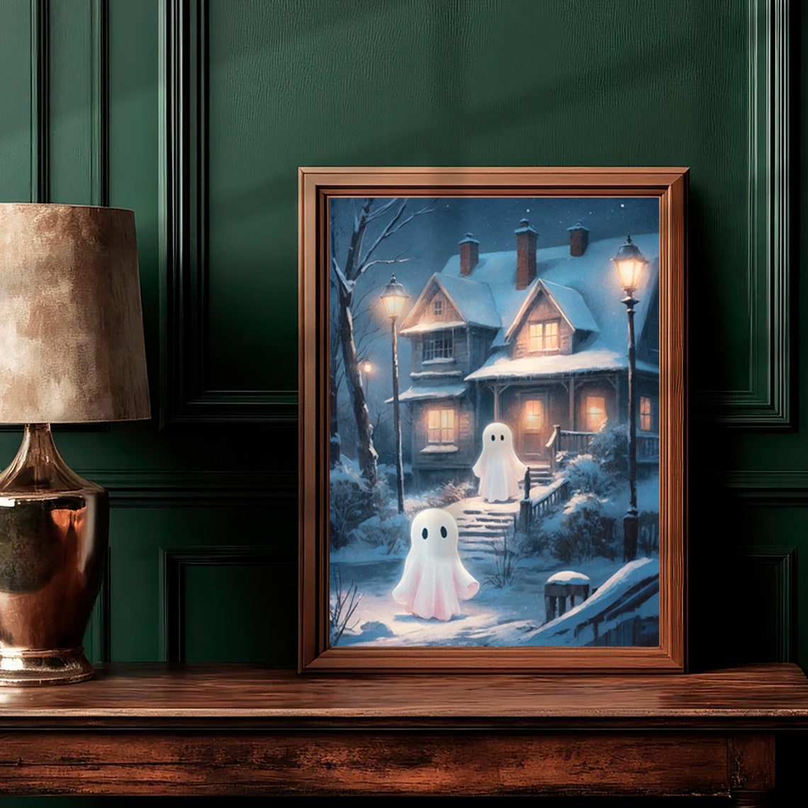 Two Ghosts Visiting Snowy House at Night Under Lamplight Print - Image 3