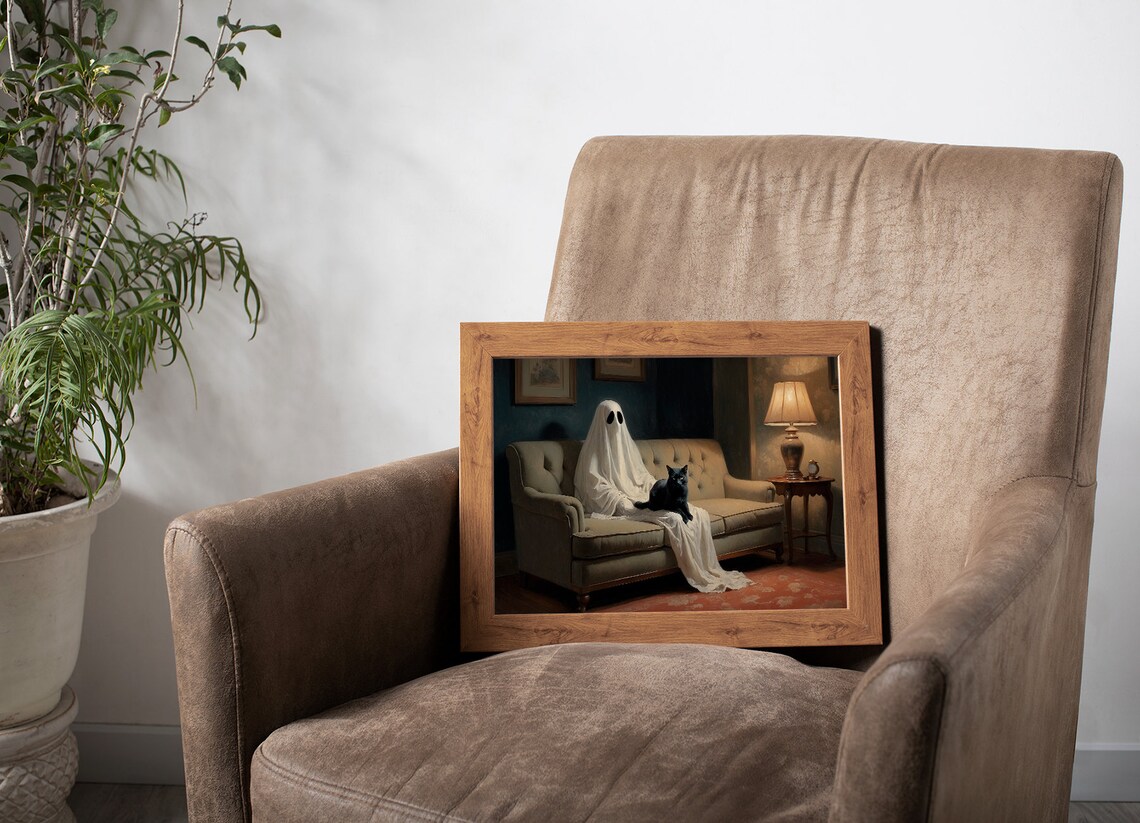 Sheet Ghost Lounging On A Vintage Sofa With A Black Cat Cozy Halloween Art Print - Image 2