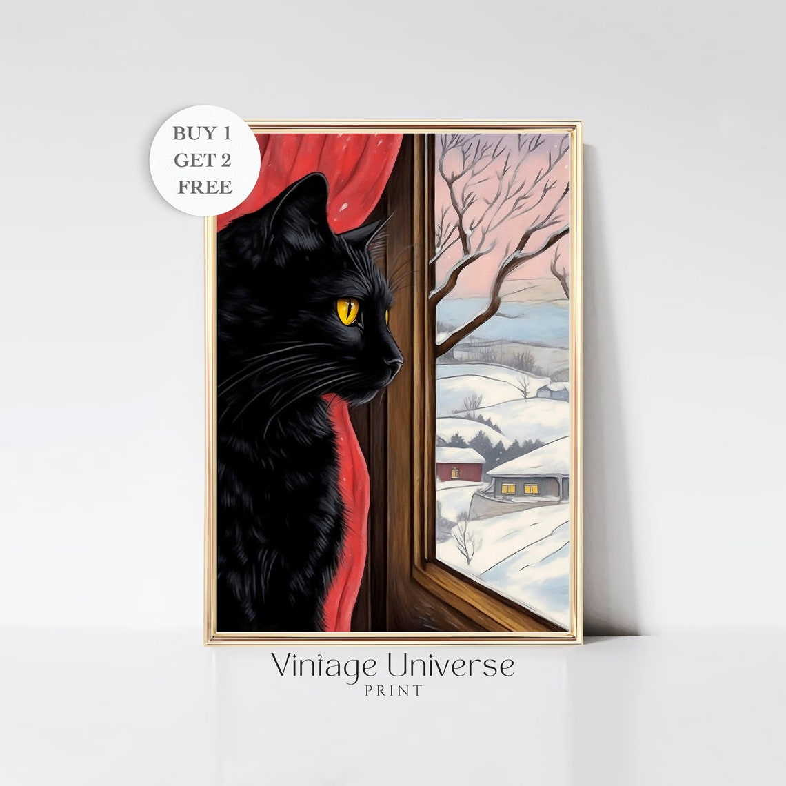 Black Cat Golden Eyes Snowy Village Window Winter Cat Art Poster