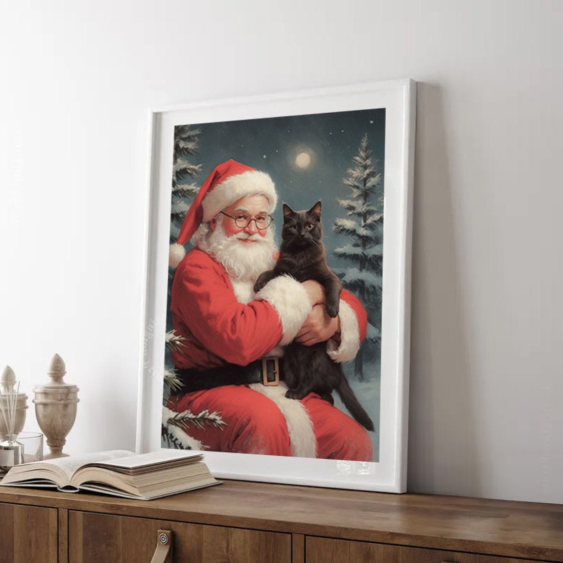 Santa Claus And Black Cat Vintage Painting Christmas Oil Painting Christmas Wall Art Retro Christmas Poster Winter Print Noel Art Print - Image 2