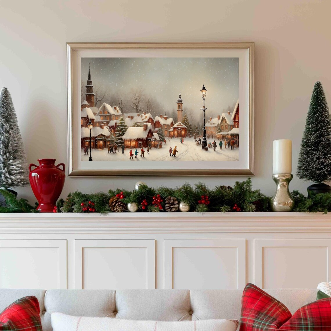 Old European Town Square in Falling Snow Christmas Eve Poster - Image 3