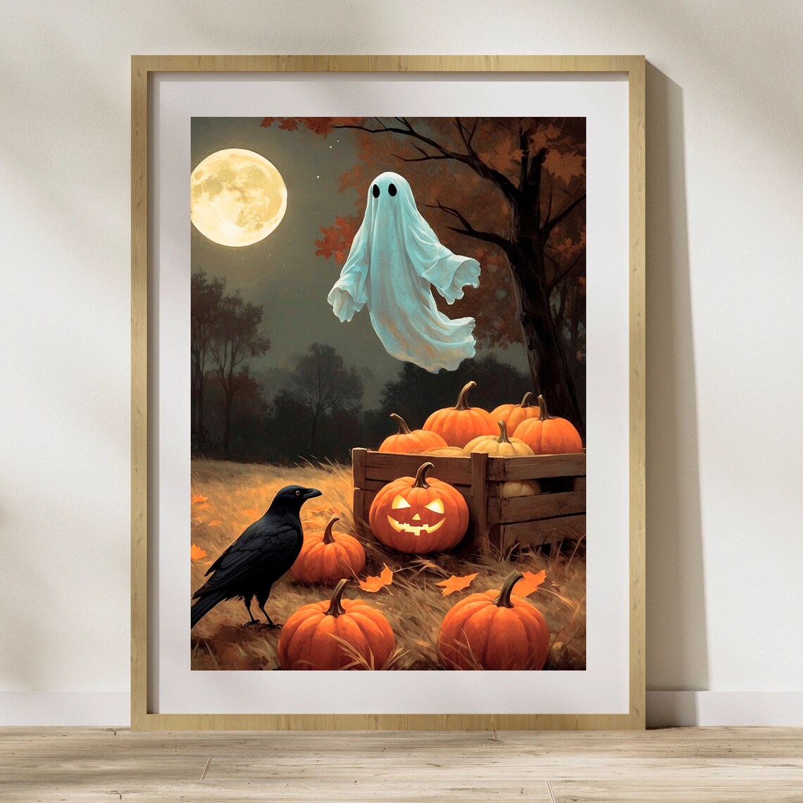 Ghost Over Pumpkin Crate With Crow Under Full Moon Halloween Painting Poster - Image 2