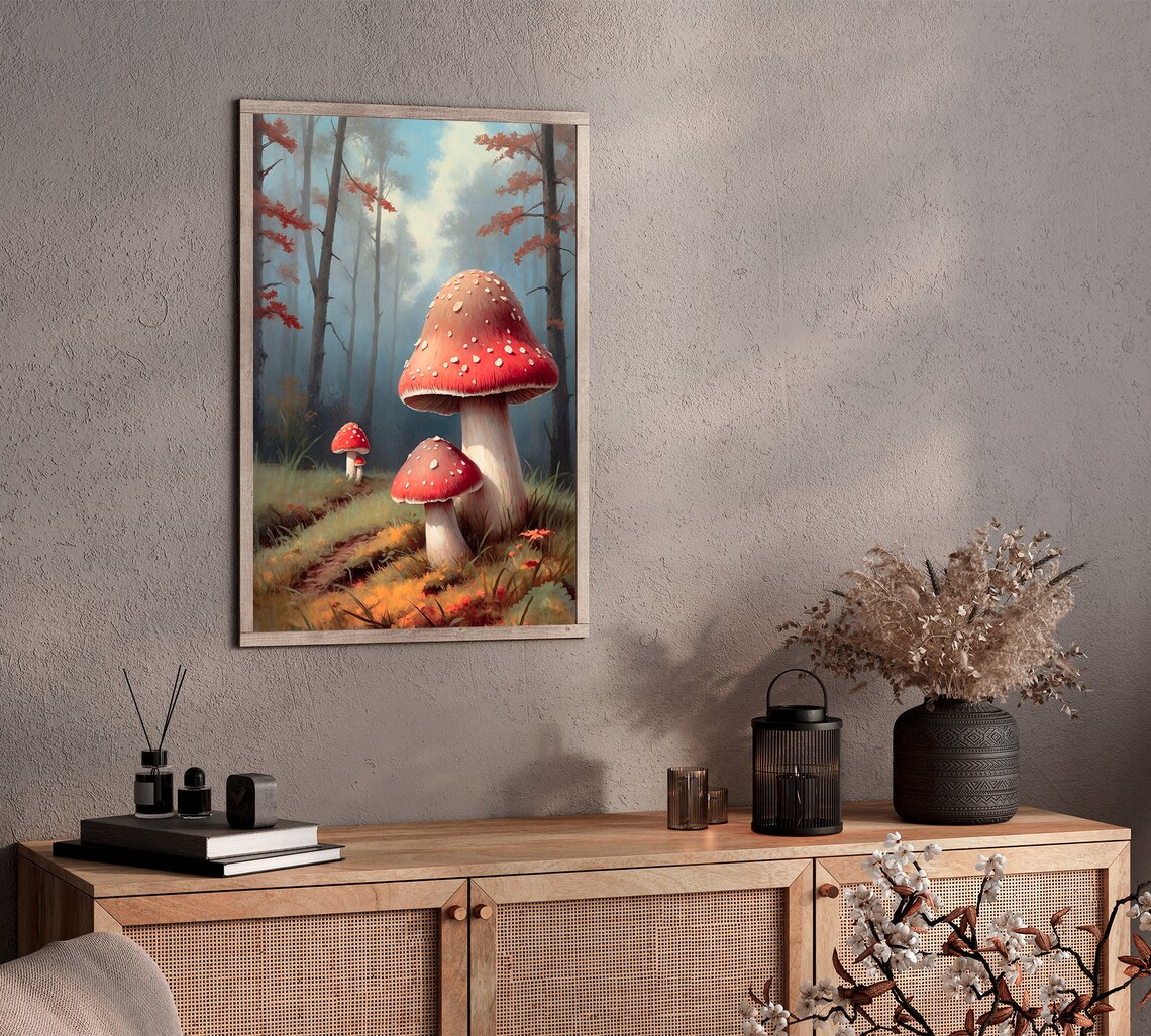 Red Fly Agaric Mushrooms In Autumn Forest Vintage Nature Painting Poster - Image 2