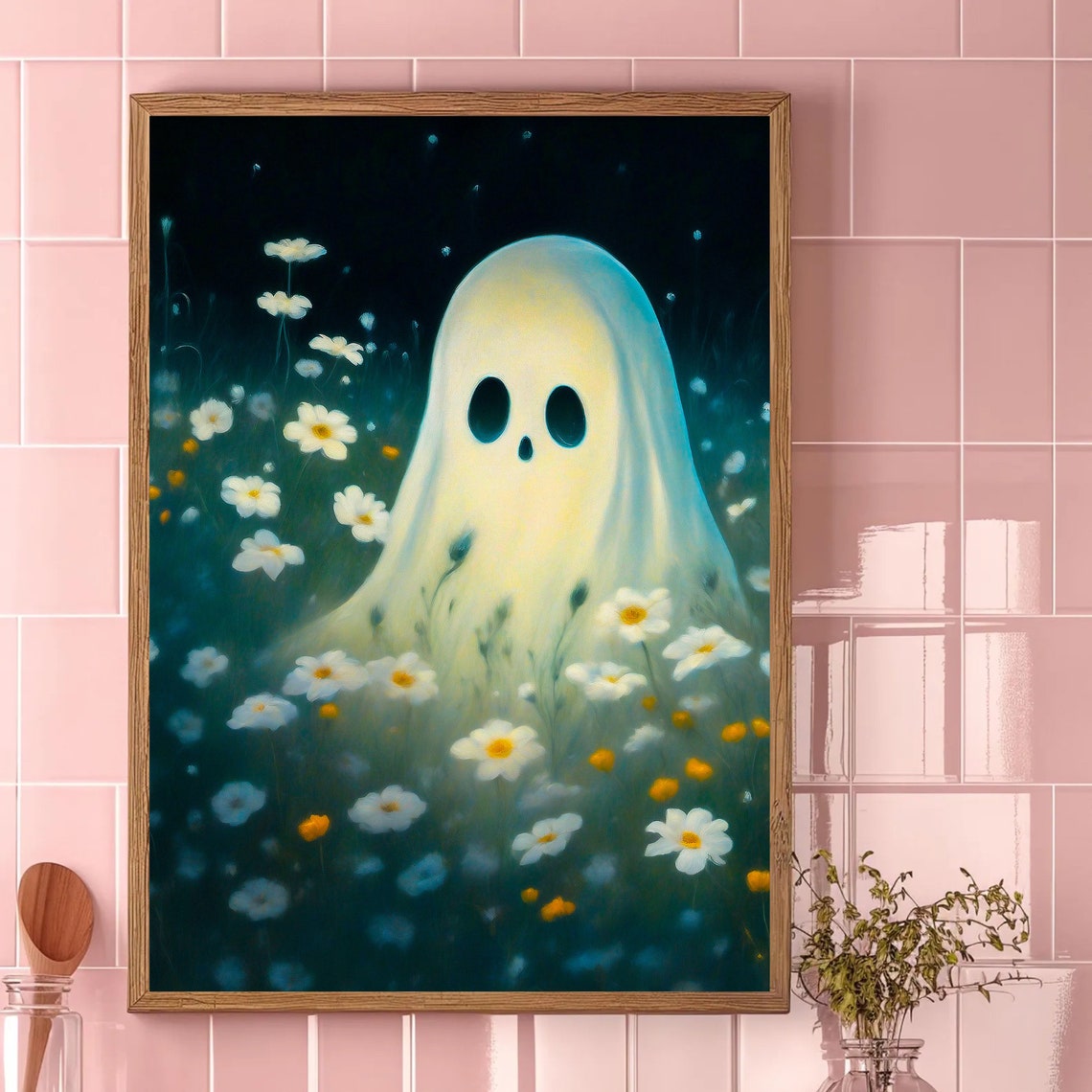 Cute Ghost in Daisy Meadow at Night Vintage Halloween Poster - Image 3