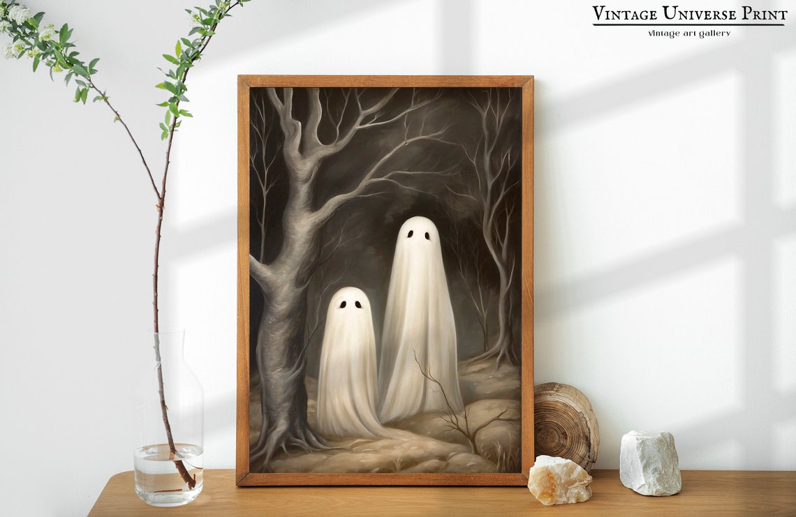 Two Ghosts In A Dark Moody Forest With Bare Trees Halloween Poster - Image 3
