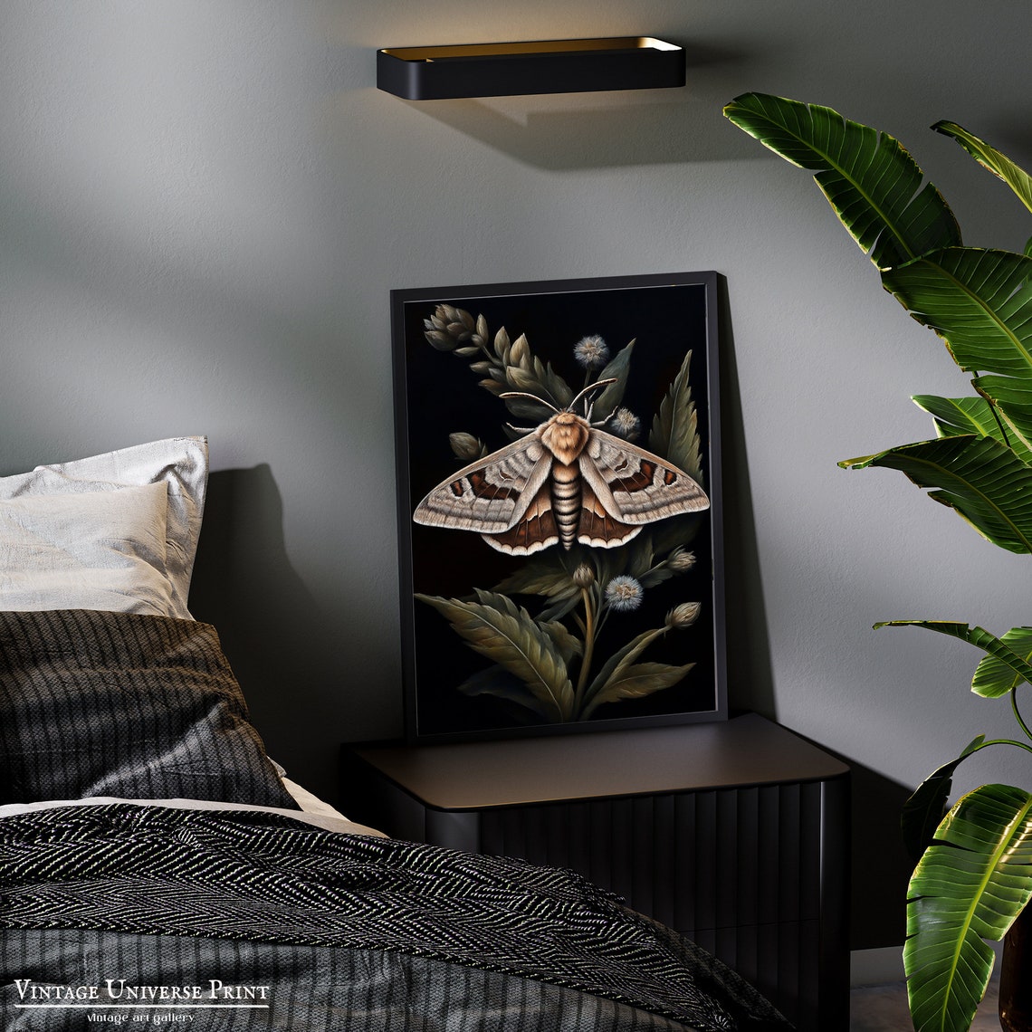 Vintage Moth Illustration with Botanical Leaves Dark Art Poster - Image 3