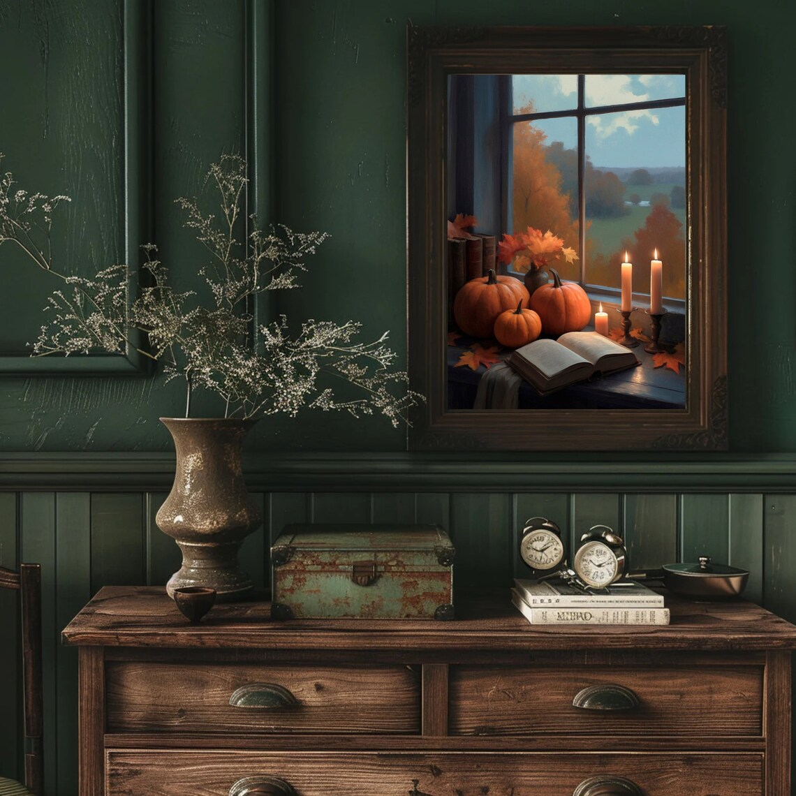 Autumn Window View With Pumpkins Candles And Book Cozy Fall Painting Poster - Image 4