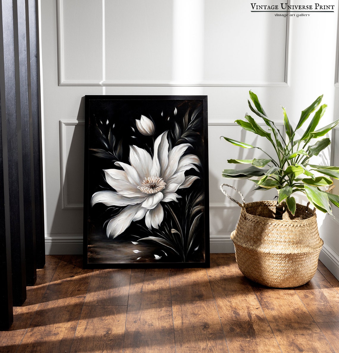 White Flower on Black Background Moody Monochrome Botanical Poster - Image 4