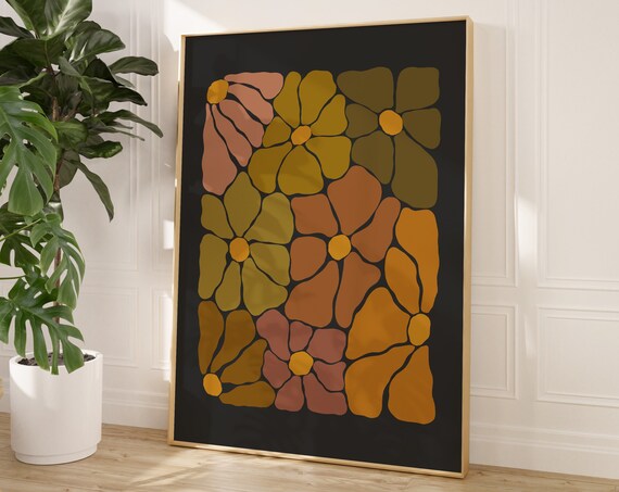 Retro Groovy Flower Mosaic Autumn Hues Dark Bohemian Wall Art
