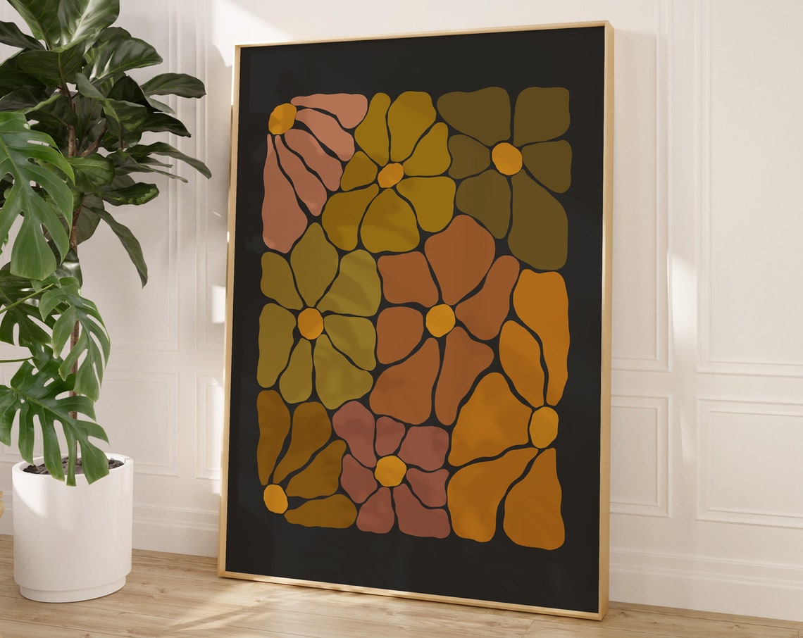 Retro Groovy Flower Mosaic Autumn Hues Dark Bohemian Wall Art
