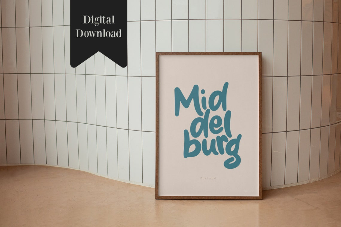 Middelburg Teal Script City Name Typography Poster Zeeland Art