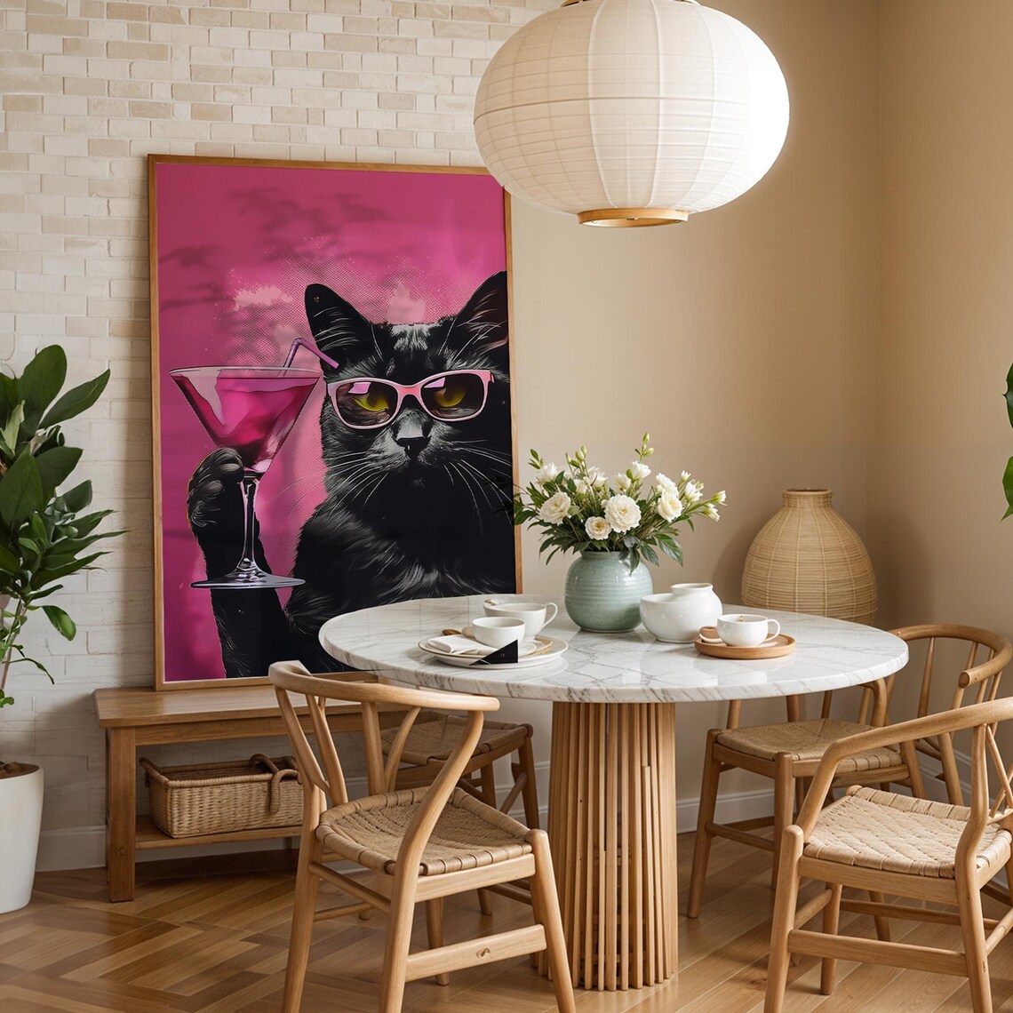 Black Cat Funny Cocktail Poster, Pink Eclectic Decor - Image 2