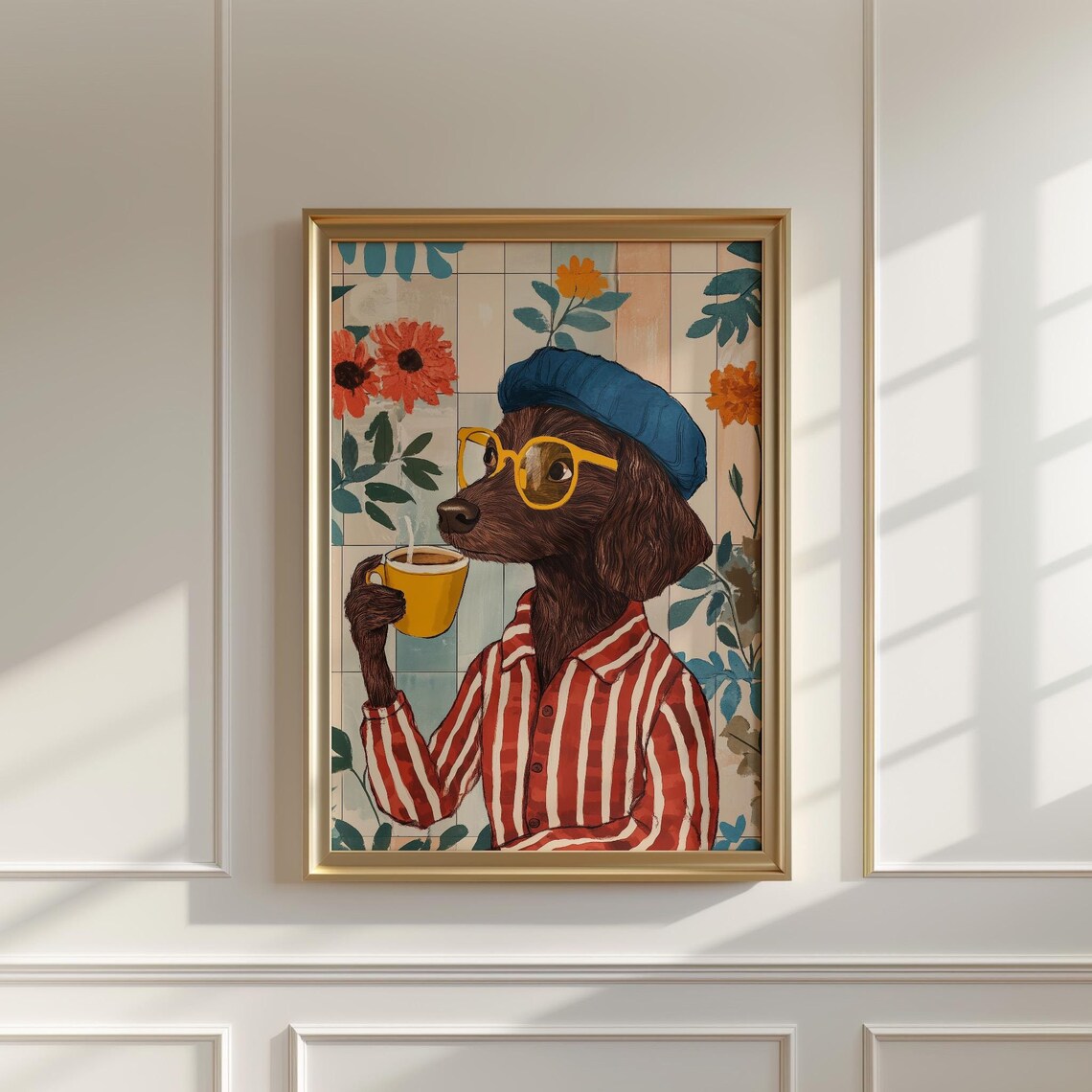 Dog Drinking Coffee Painting, Kitchen Dining Room
