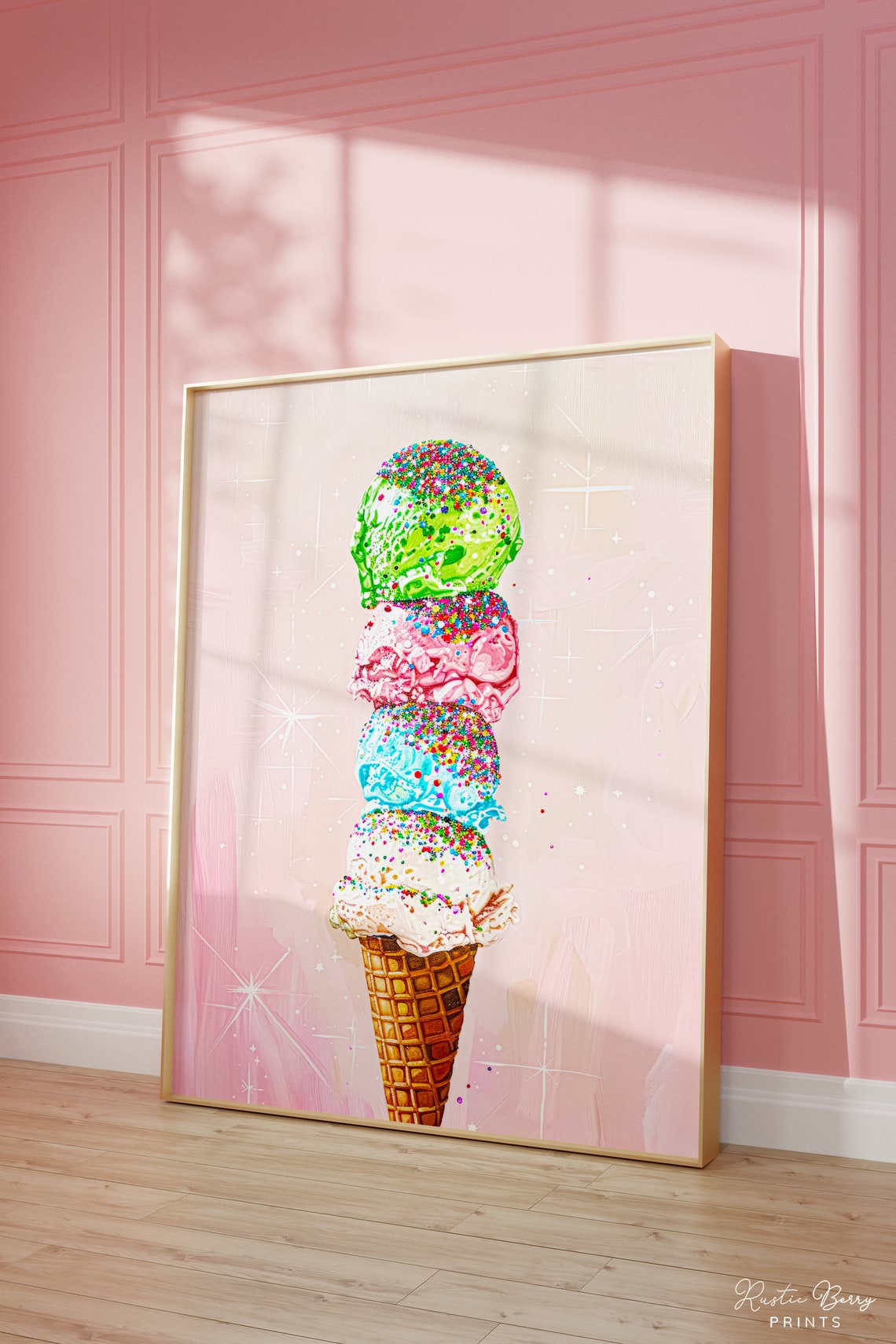 Tall Ice Cream Cone Four Scoops Sprinkles Pink Sparkle Summer Poster