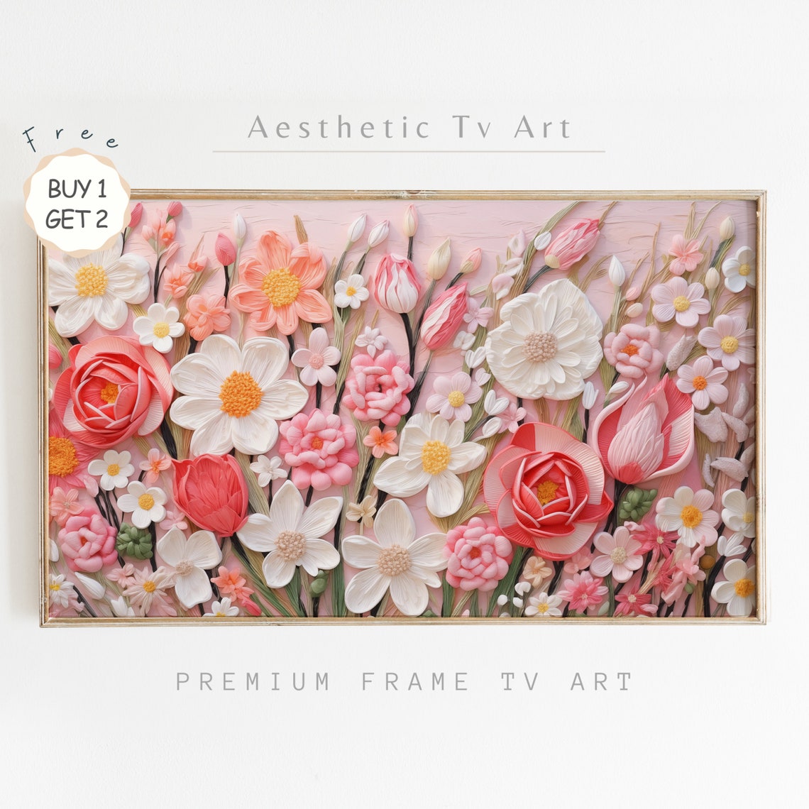 Textured Pink White Blossoms 3D Embroidery Style Flower Art Poster