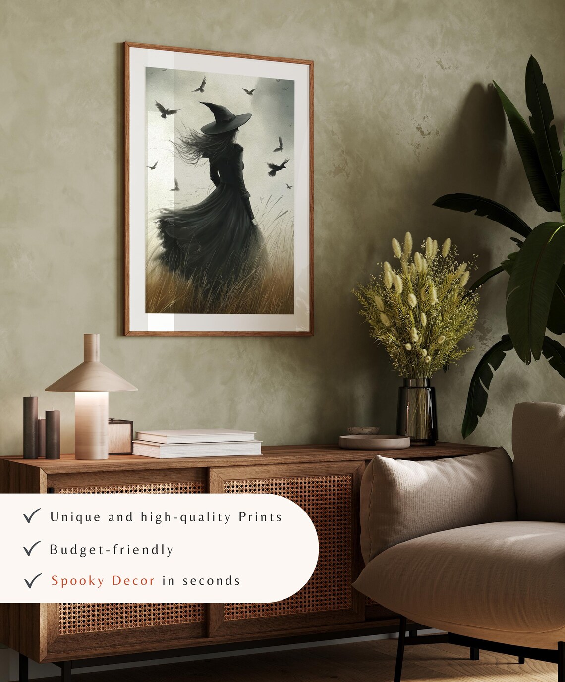 Elegant Witch Silhouette In Golden Field With Crows Halloween Art Poster - Image 4