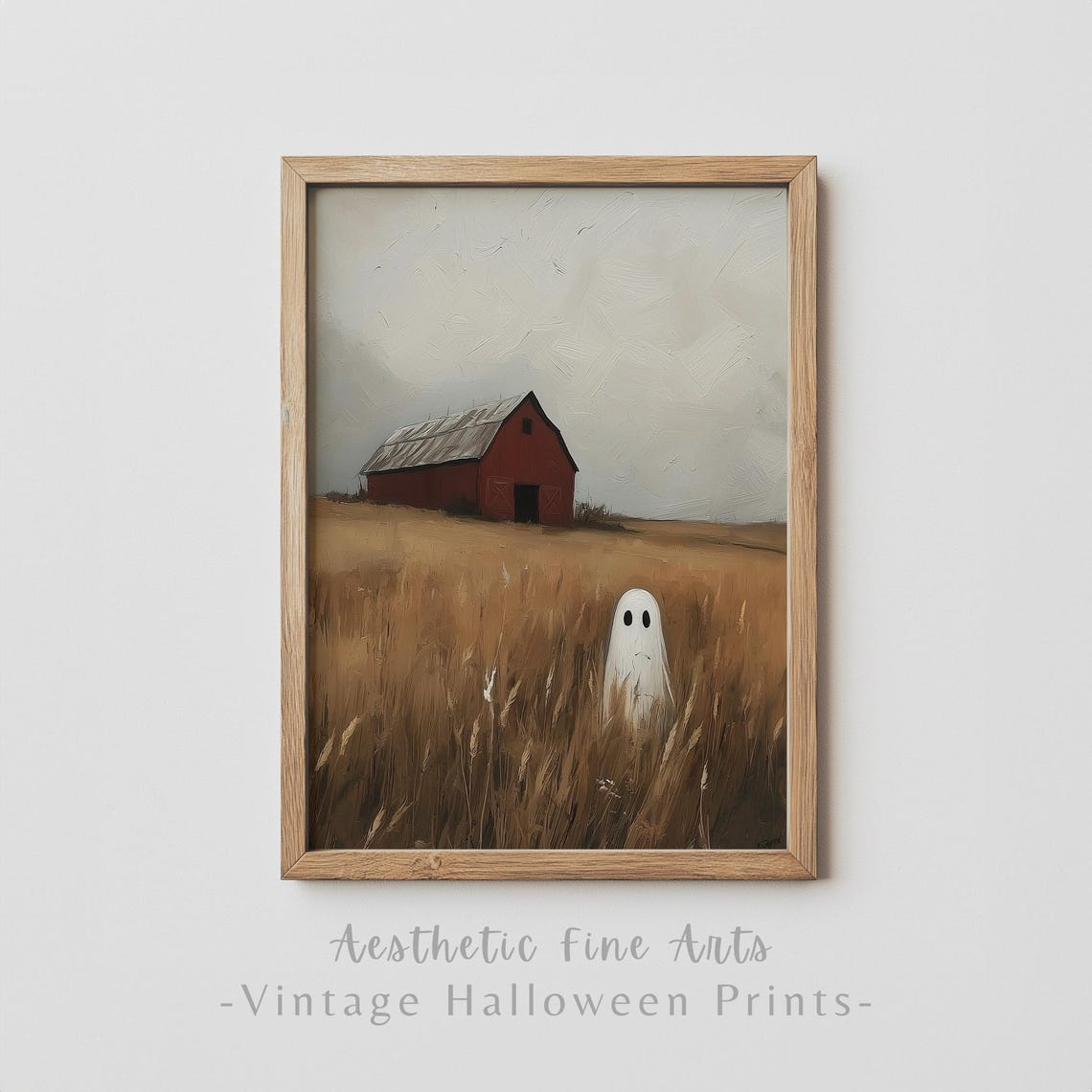 Cute Ghost In Golden Wheat Field With Red Barn Halloween Art Poster