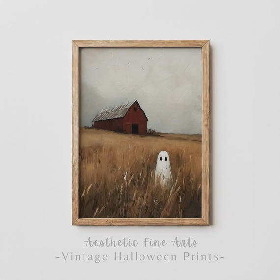 Vintage Halloween Wall Art Cute Ghost Painting Autumn Farmhouse Decor Ghost In Autumn Landscape Field Painting