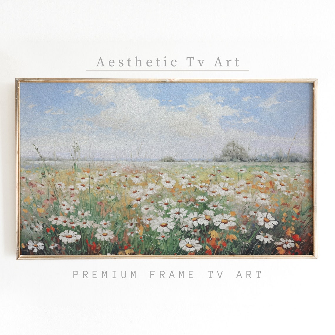 Wild Daisy Meadow Bright Blue Sky Spring Oil Painting Wall Art