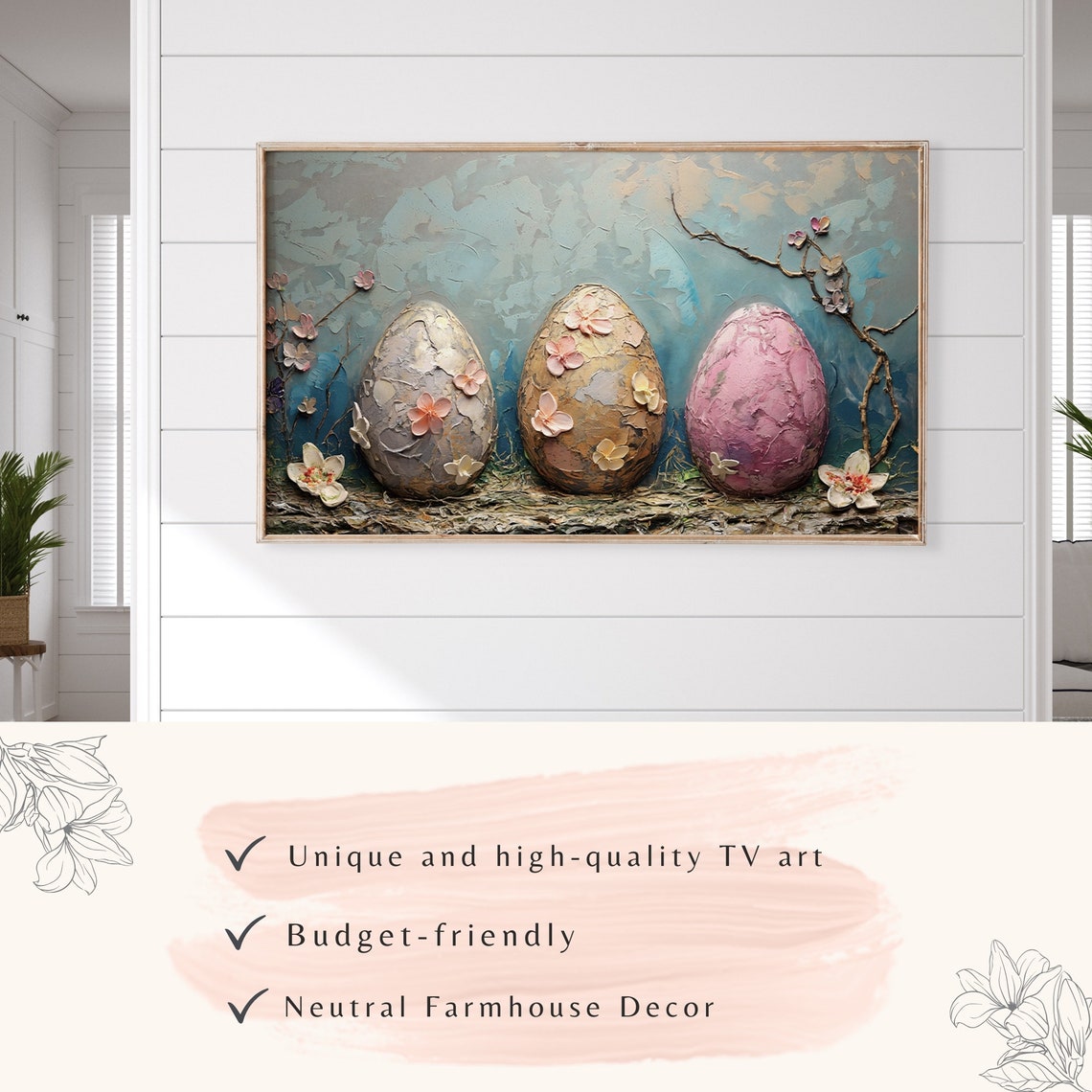 Vintage Easter Frame Tv Art Easter Eggs Textured Oil Painting Cottagore Decor Farmhouse Frame Tv - Image 3