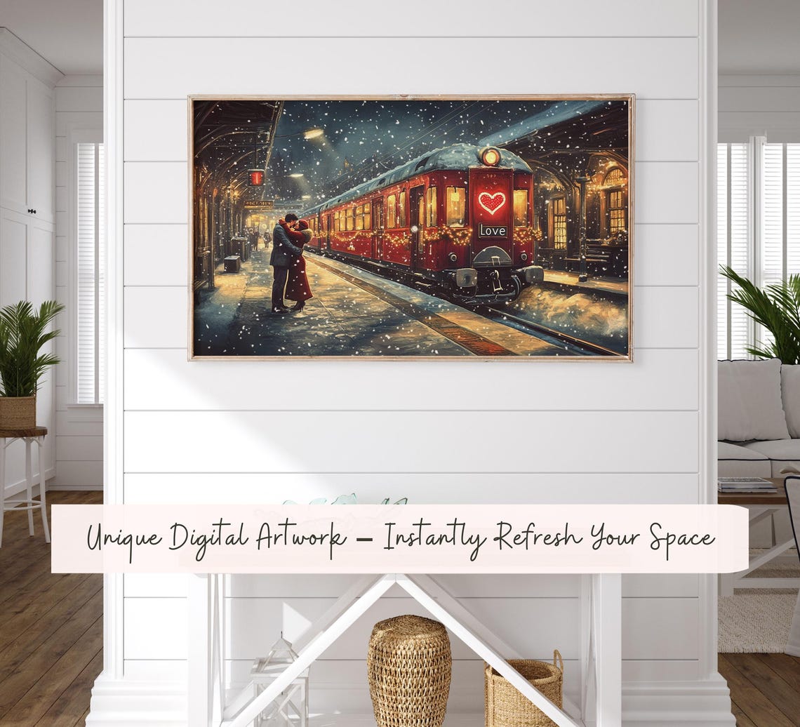 Romantic Couple At Snowy Train Station With Love Train Art Poster
