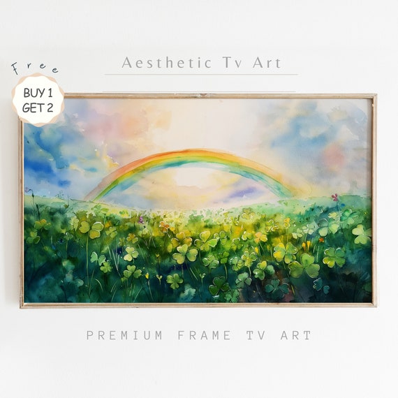 Rainbow And Clovers Frame Tv Art St Patricks Day Watercolor Art For Frame Tv Shamrock Art St Pattys Day Decor
