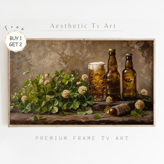 Vintage St Patricks Day Frame Tv Art Antique Oil Painting Of Clovers And Beer Farmhouse Decor Shamrock Art