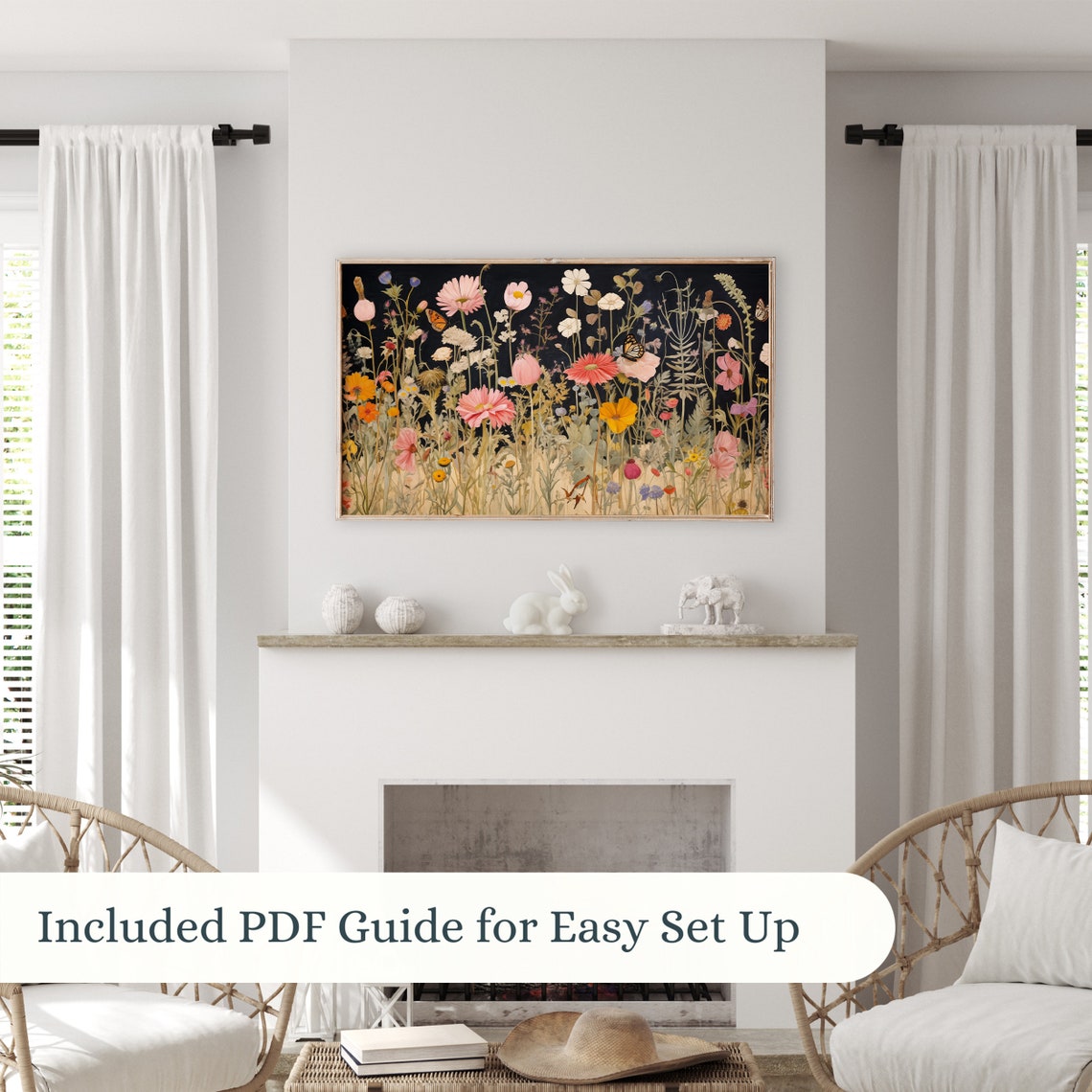 Dark Botanical Wildflower Garden Butterflies Black Background Wall Art - Image 3