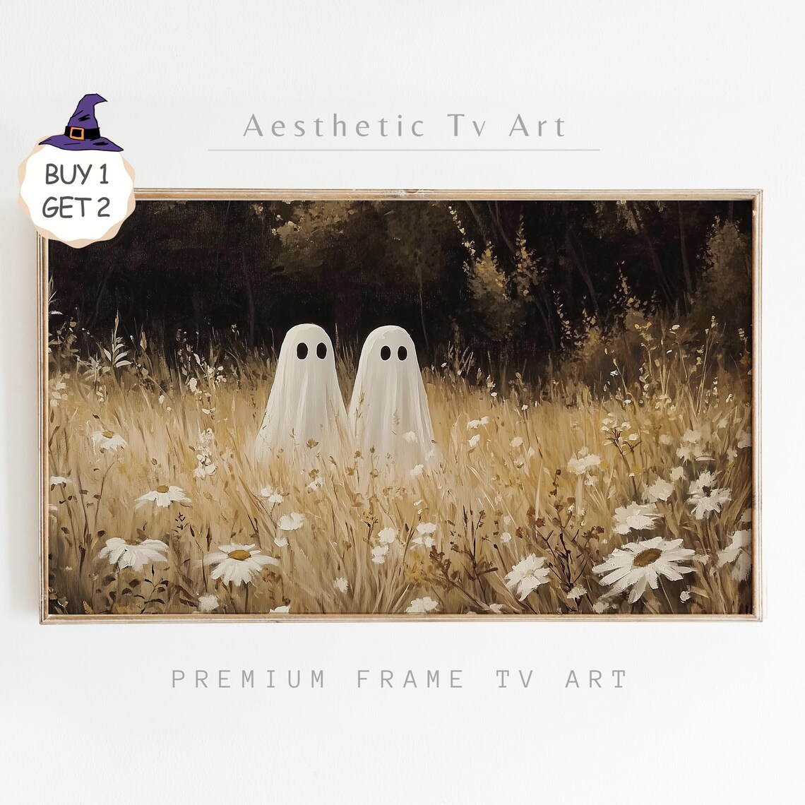 Two Cute Ghosts in Wildflower Meadow Vintage Halloween TV Art Poster