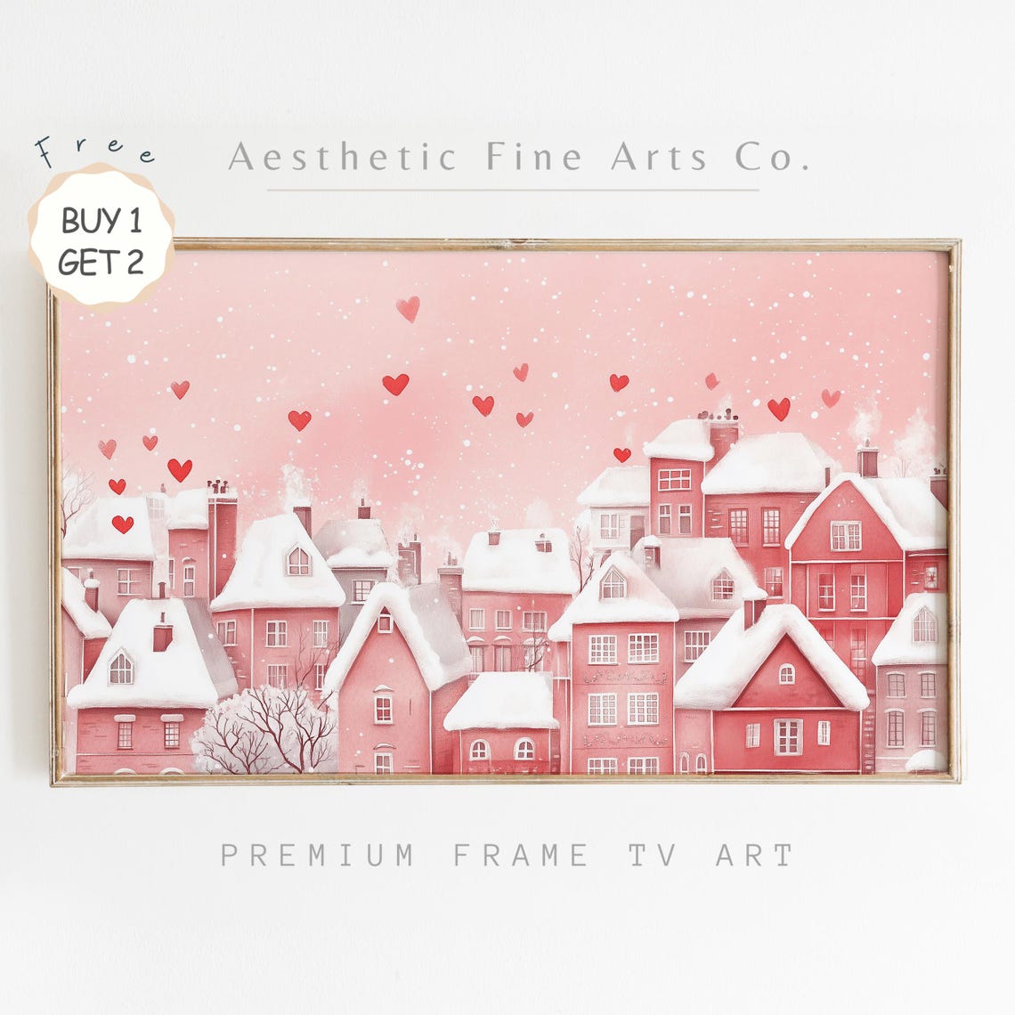 Cute Pink Valentines Village Snowy Rooftops Floating Hearts Art Poster