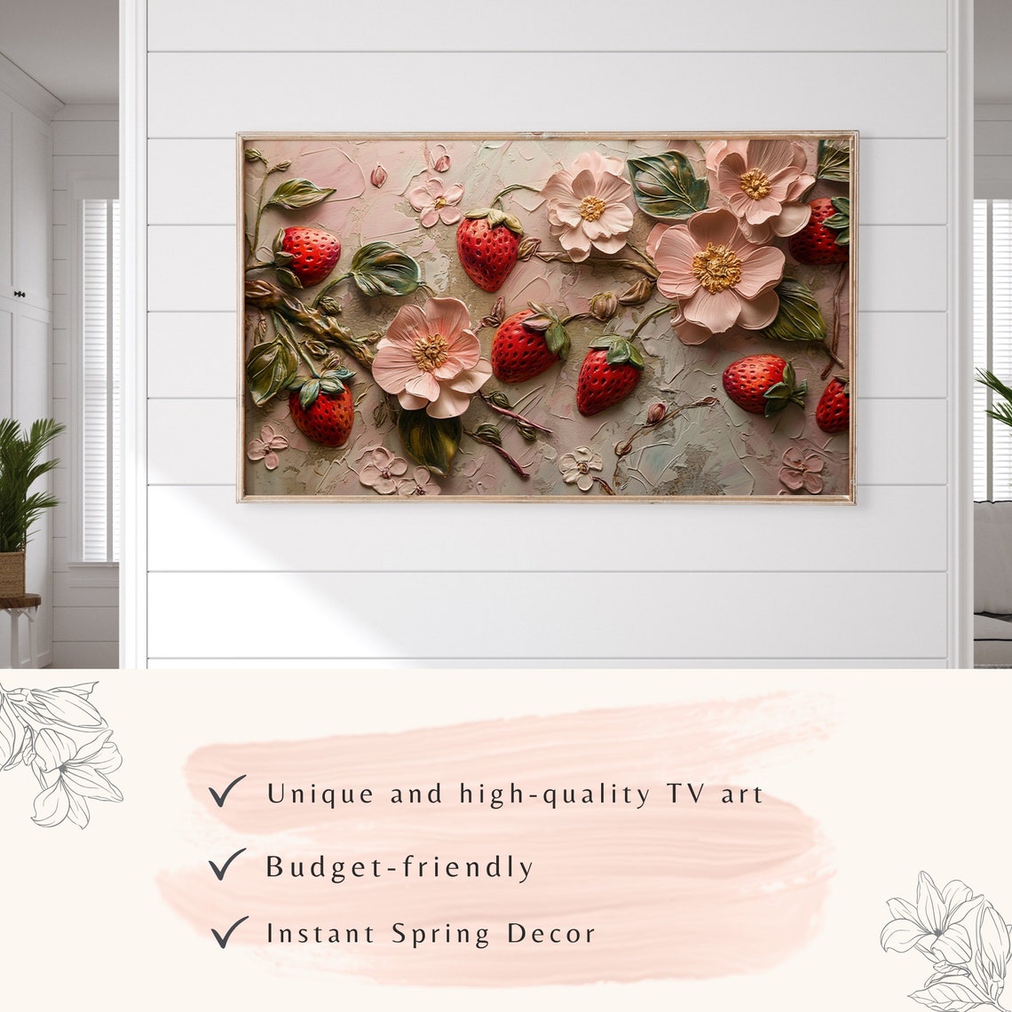 Strawberries Pink Blossoms Textured Impasto Oil Painting Wall Art - Image 3