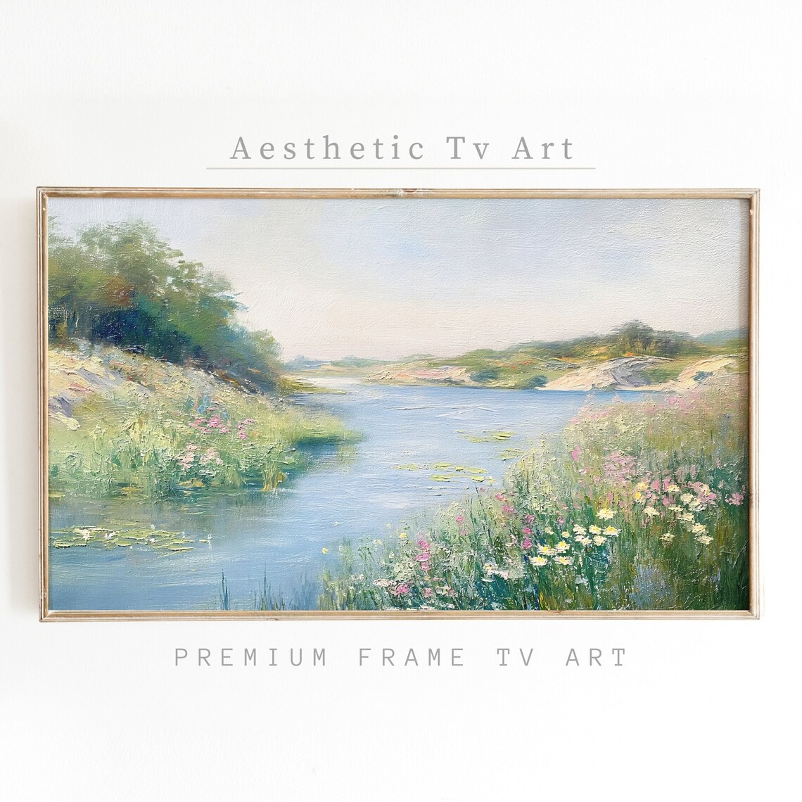 Tranquil Lakeside Wildflowers Calm Water Impressionist Art Poster