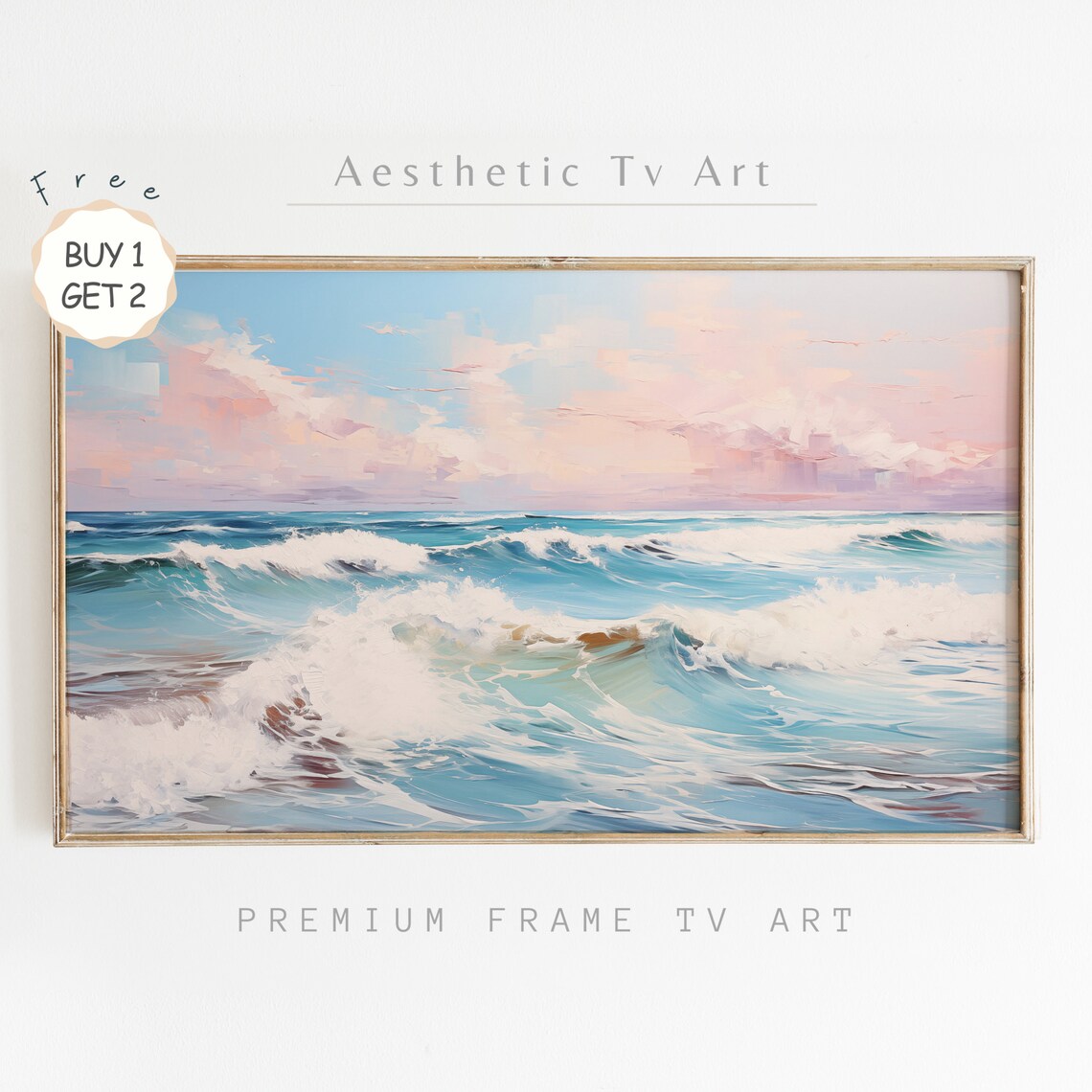 Turquoise Ocean Waves Pink Sunset Sky Foamy Surf Seascape Poster