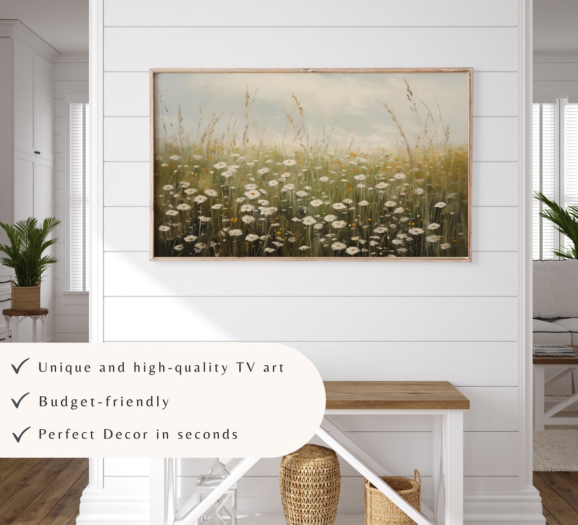 Moody White Daisy Wildflower Field Tall Grasses Misty Sky Poster - Image 3