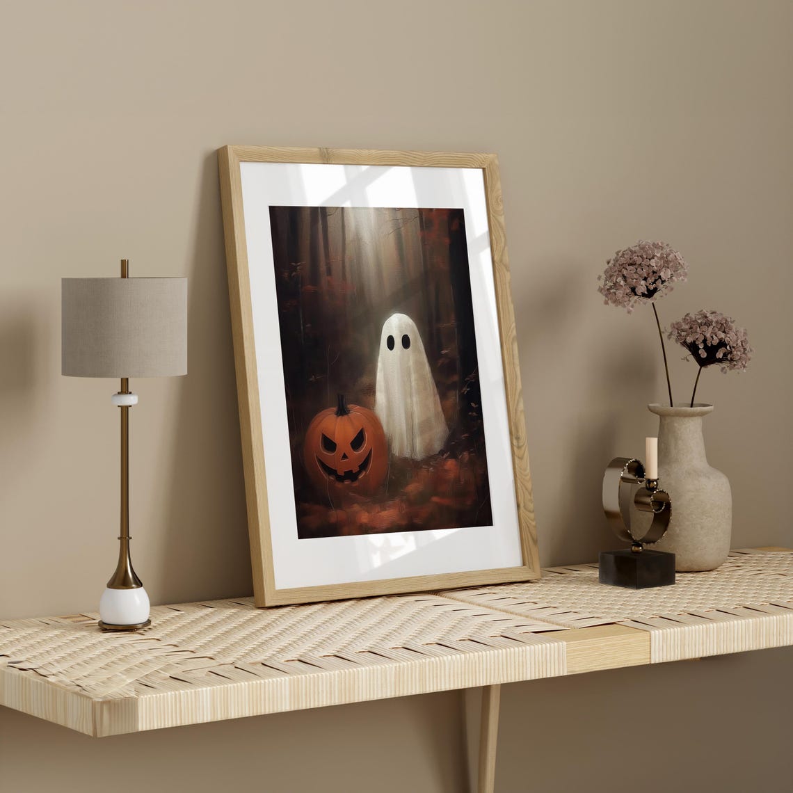 Vintage Cute Ghost Halloween Wall Art Spooky Halloween Decor Cute Ghost With Pumpkin Painting Halloween Art - Image 3
