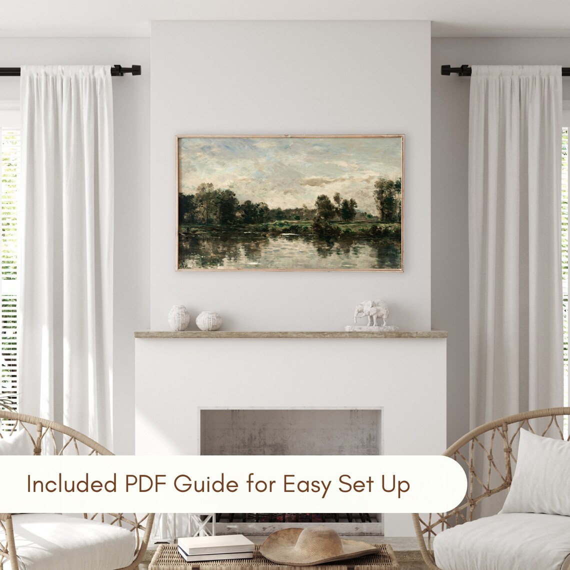 Vintage Frame Tv Art Moody Landscape Painting Antique Farmhouse Oil Painting Vintage Home Decor Frame Tv - Image 2