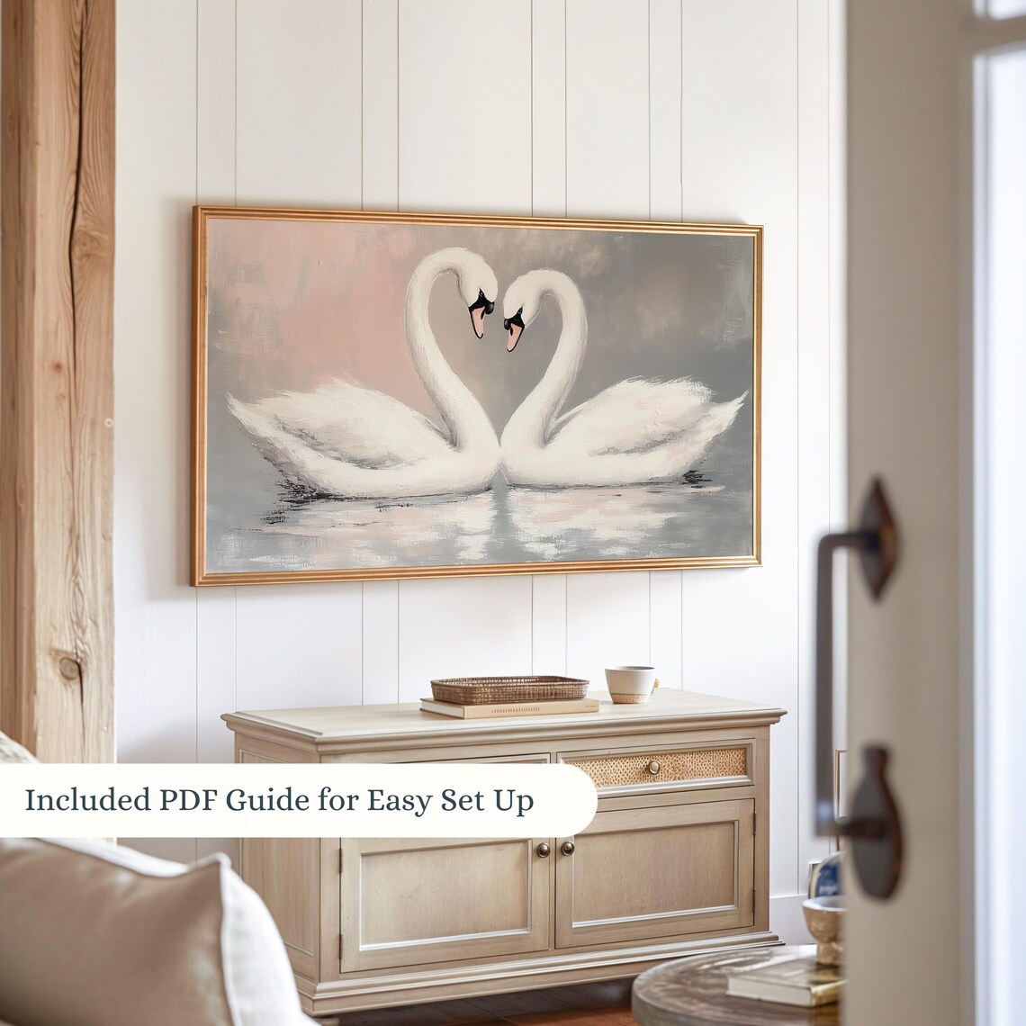 Romantic White Swans Heart Necks Blush Pink Valentine Love Wall Art - Image 3