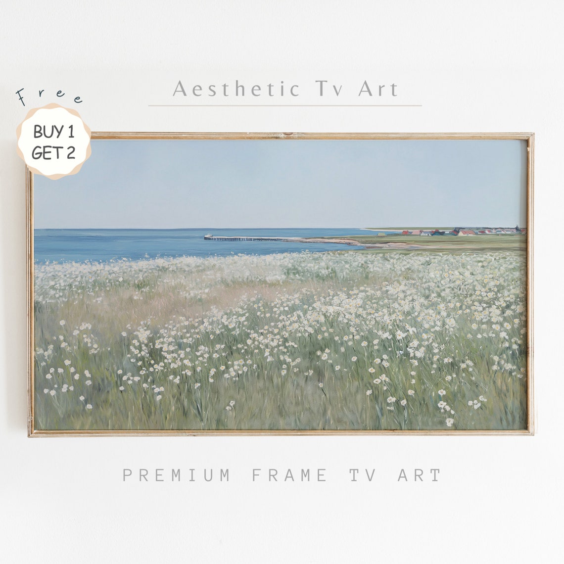 Coastal Wildflower Meadow Blue Sea Pier Distant Beach Houses Poster