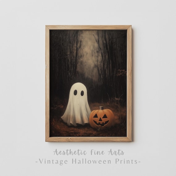 Cute Ghost With Jack O Lantern In Dark Spooky Forest Halloween Poster